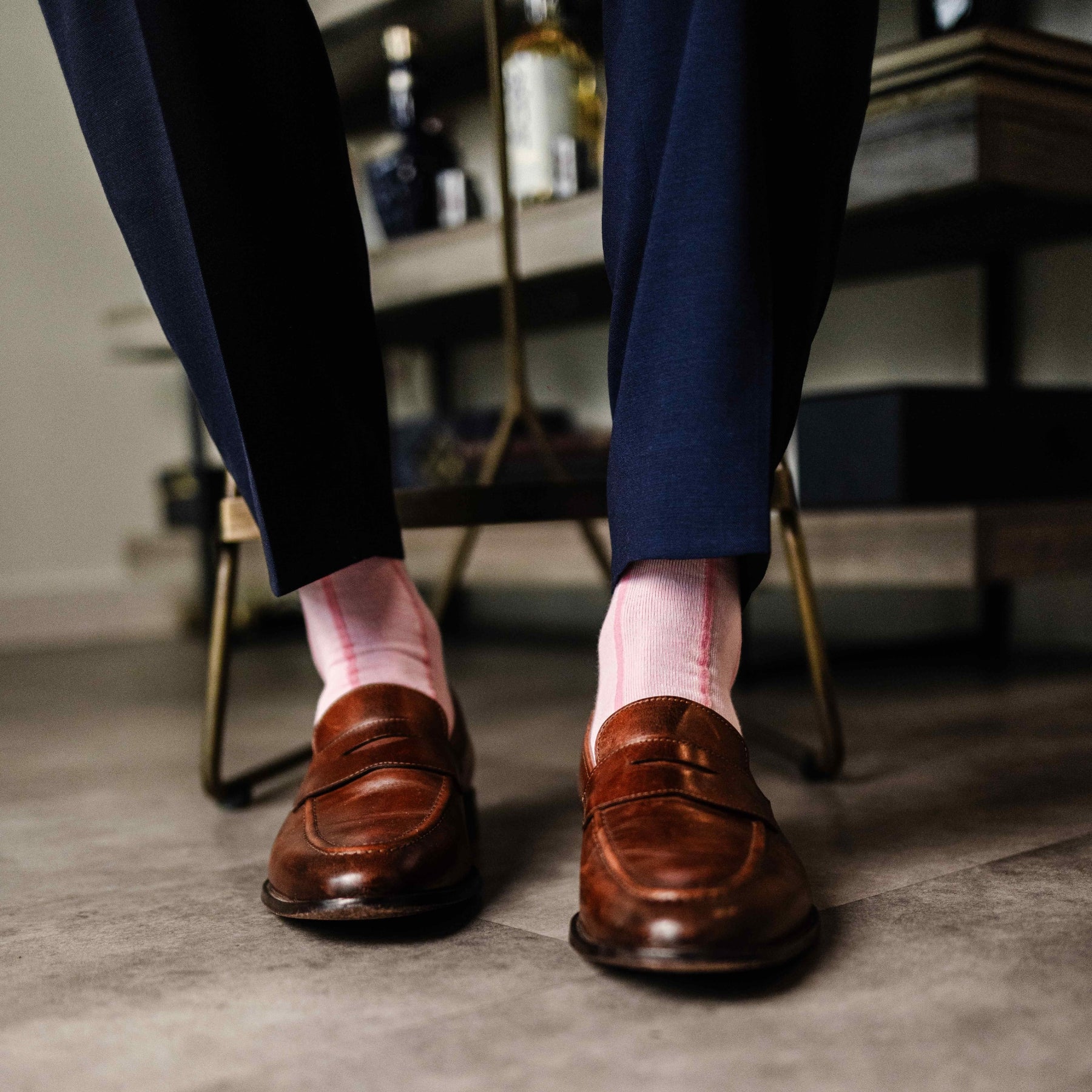 Blush pink men's dress socks with a bubblegum pink vertical stripe pattern