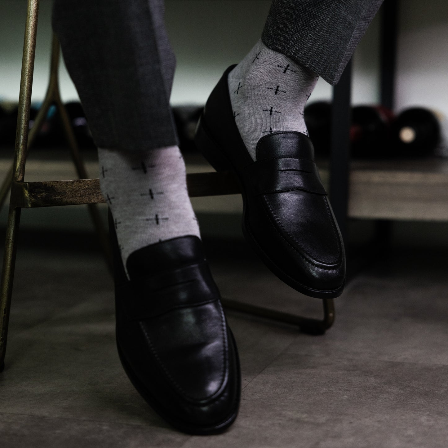 Grey men's dress socks with a black T-Sun pattern