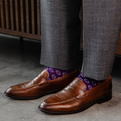 a deep purple men's dress sock with a white double dot pattern