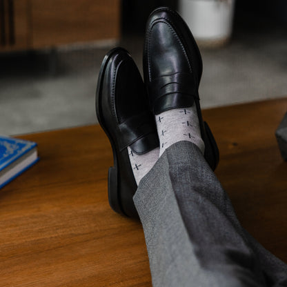 Grey men's dress socks with a black T-Sun pattern