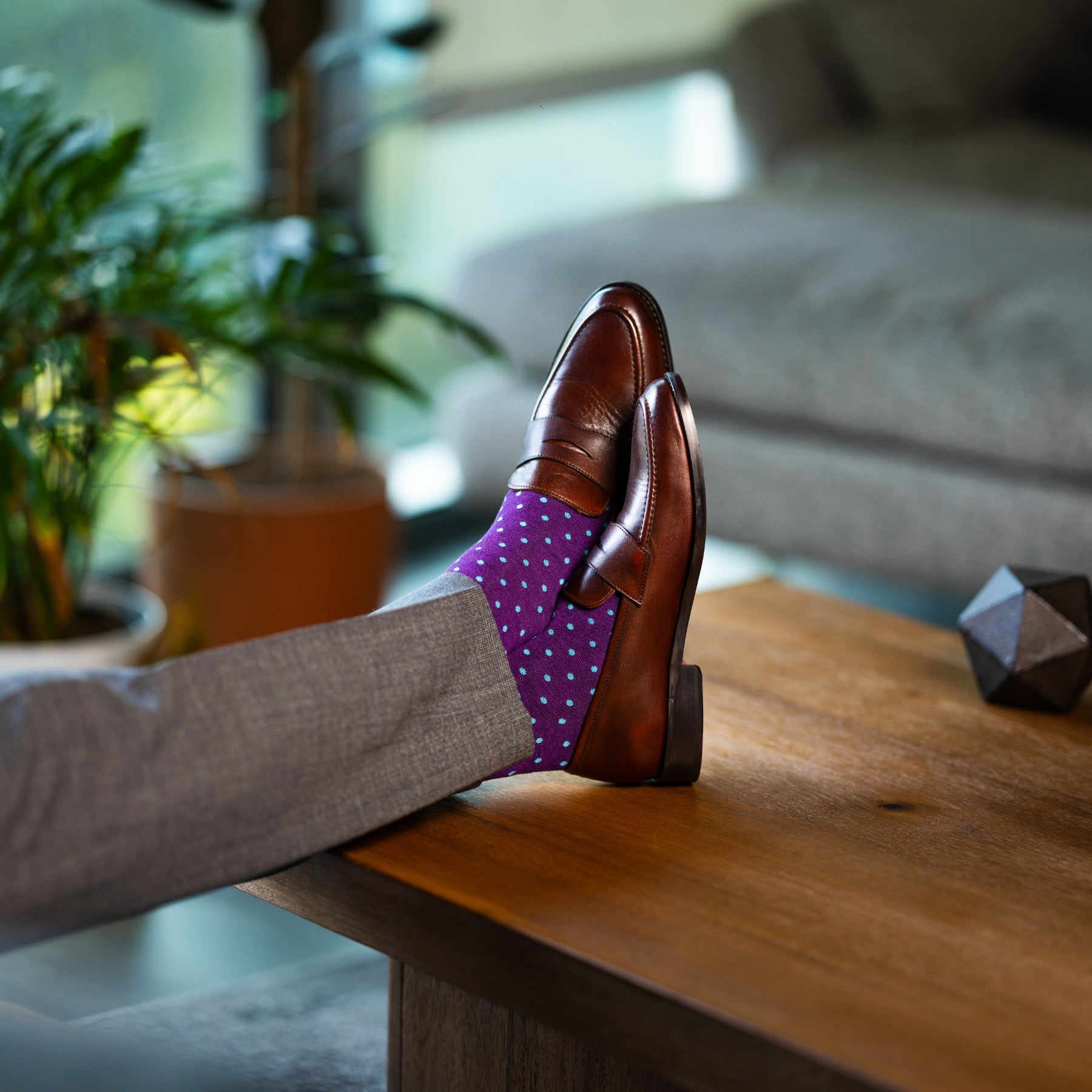 Purple men's dress socks with pastel blue polka dots