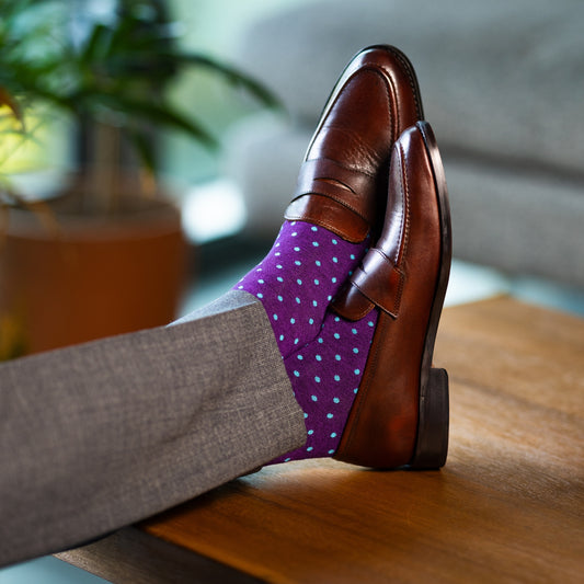 Purple men's dress socks with pastel blue polka dots