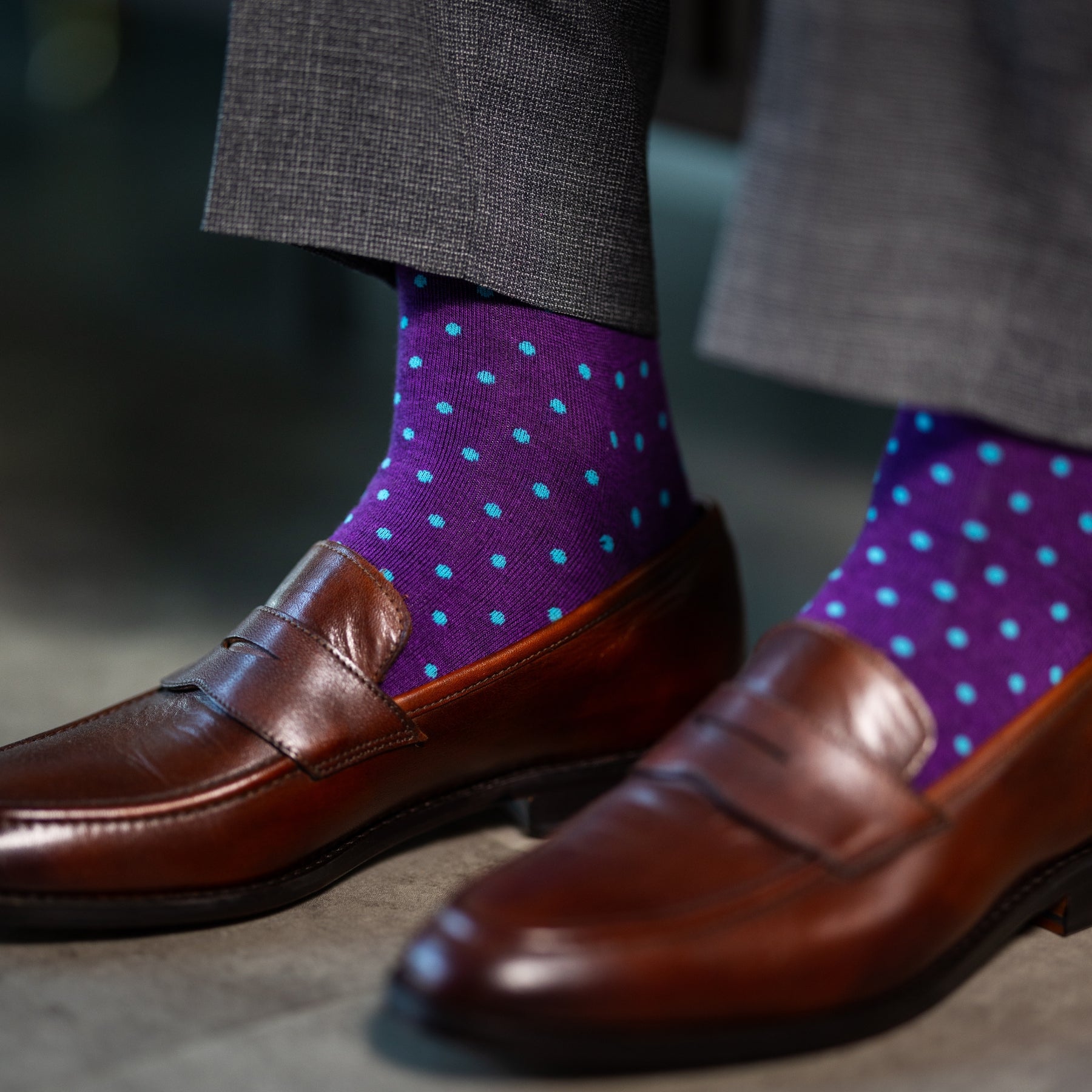 Purple men's dress socks with pastel blue polka dots