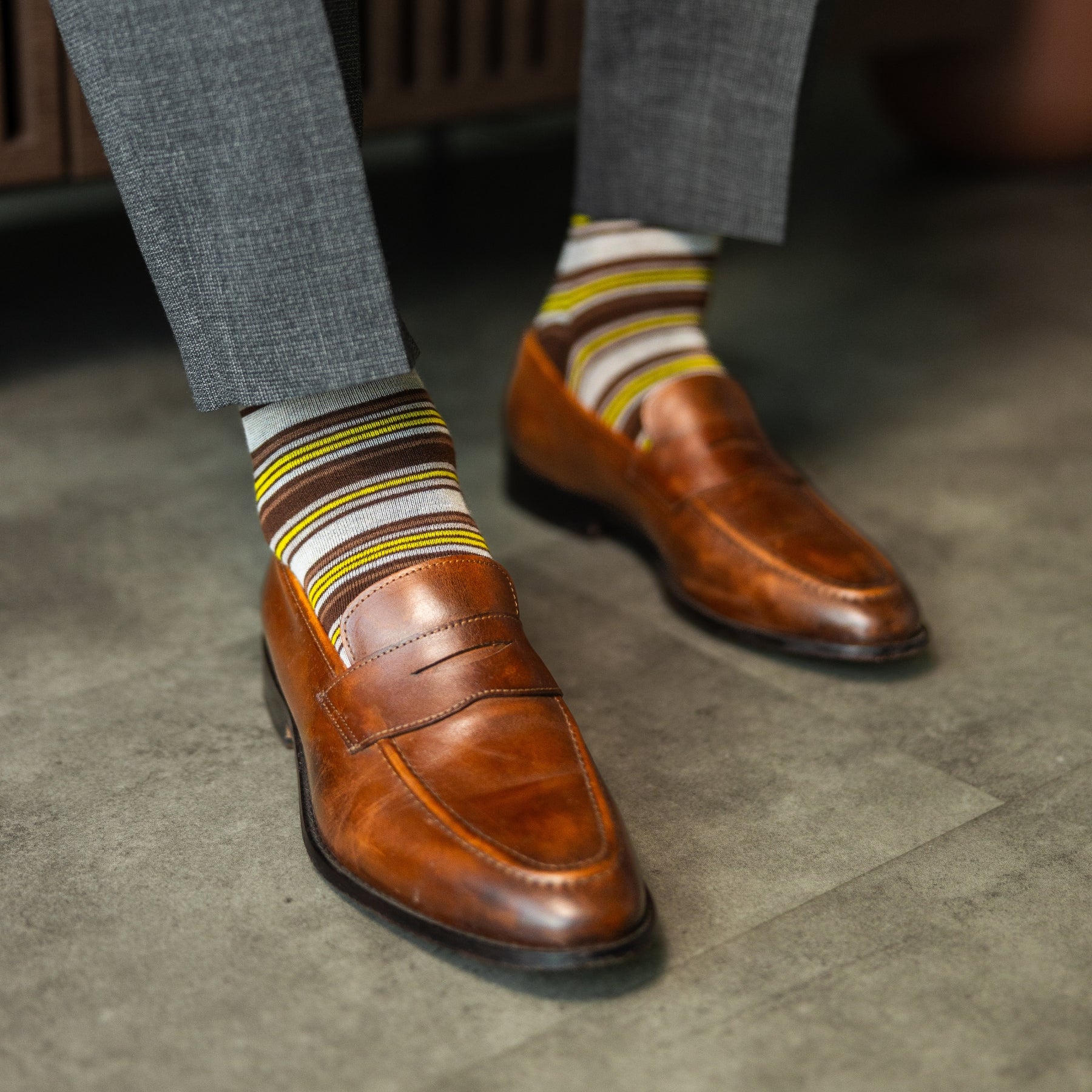 Mustard, brown and grey striped men's dress socks
