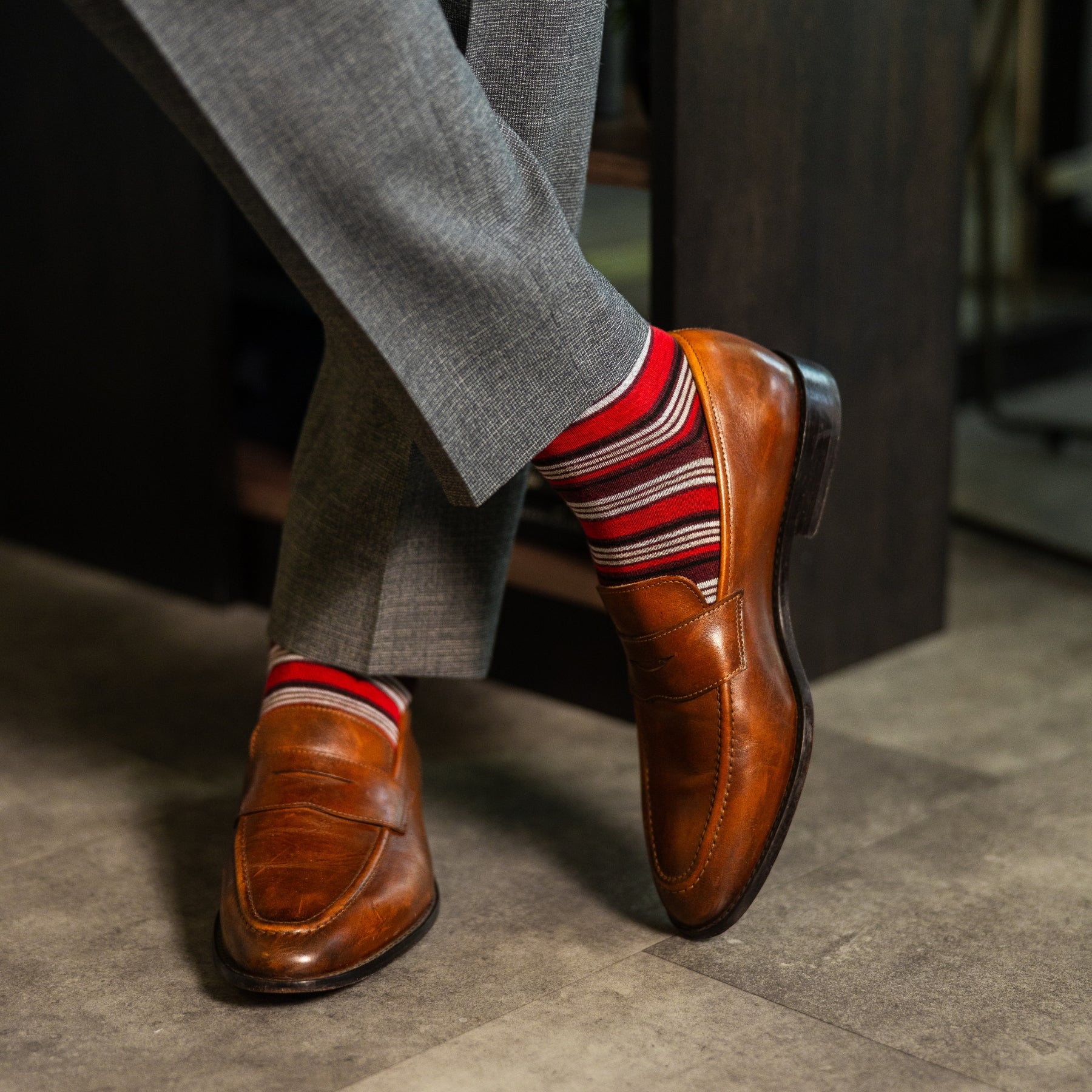 Red, maroon, and cream striped men's dress socks