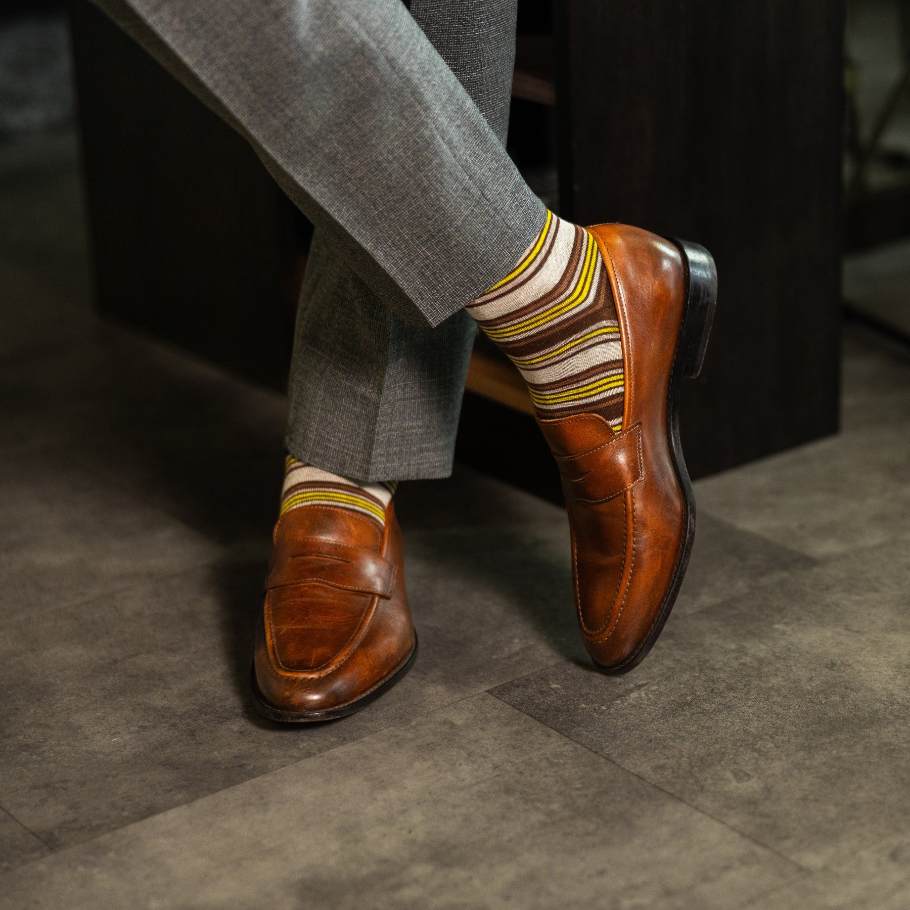 Mustard, brown and grey striped men's dress socks