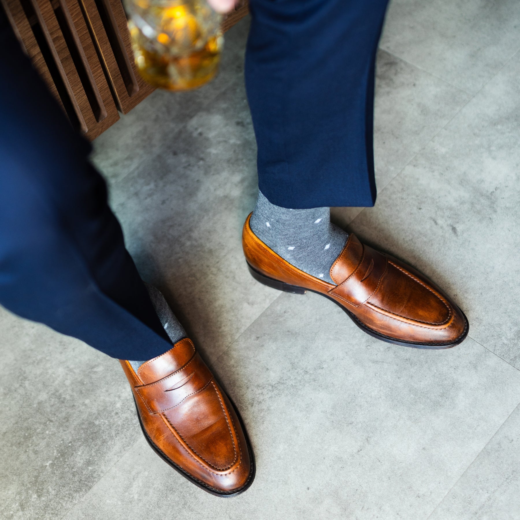 grey men's dress socks with a pale blue diamond pattern