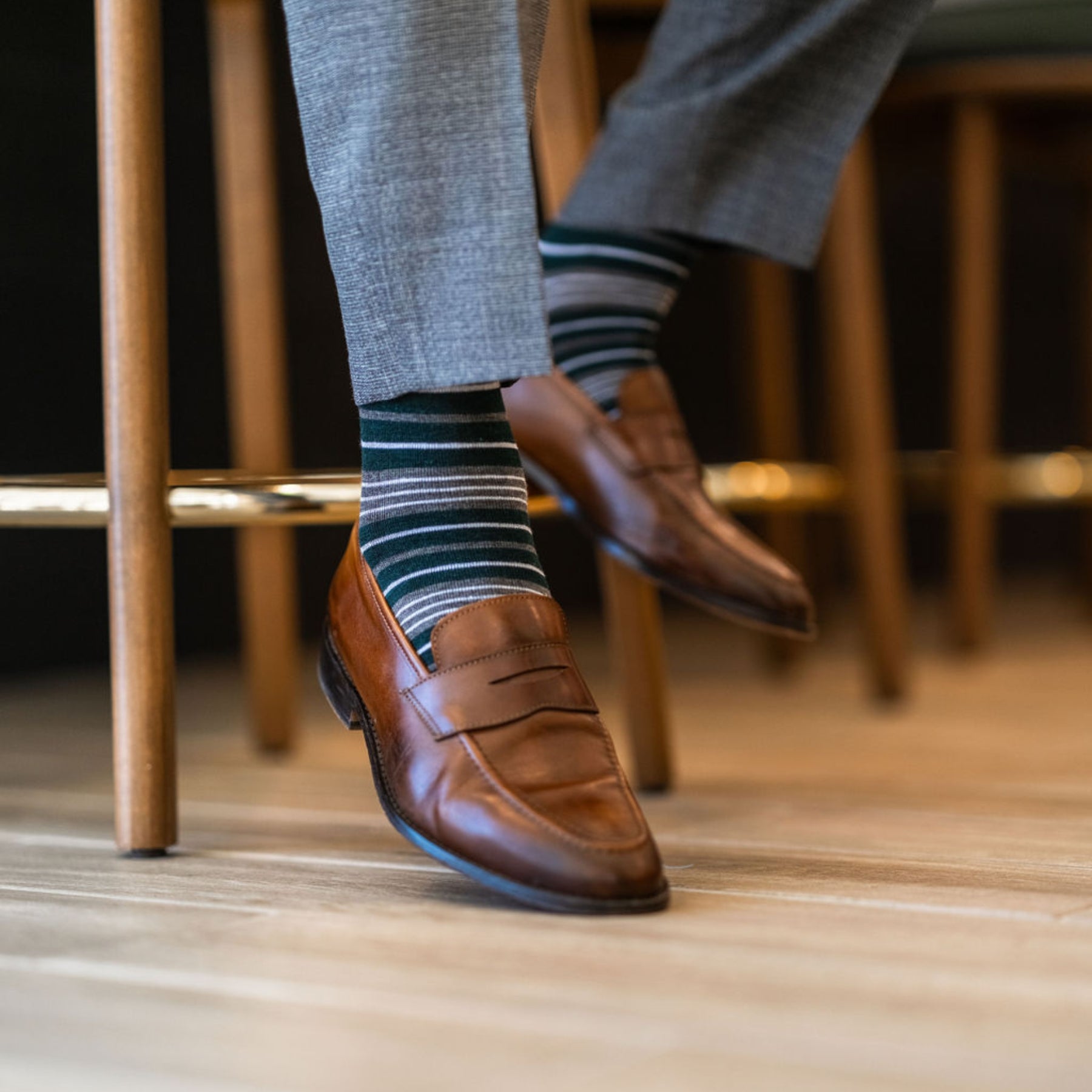 green, grey, and white striped men's dress sock