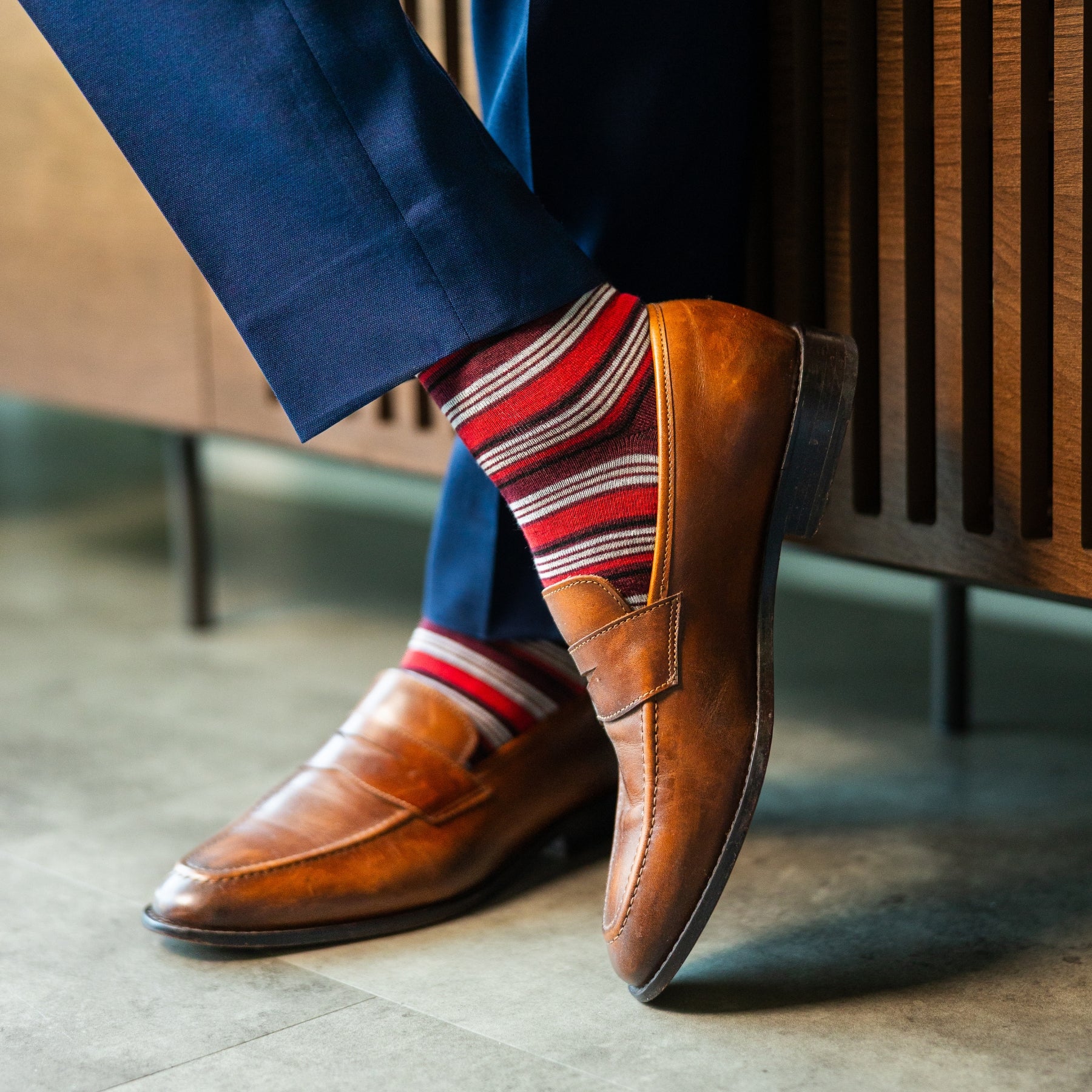 Red, maroon, and cream striped men's dress socks