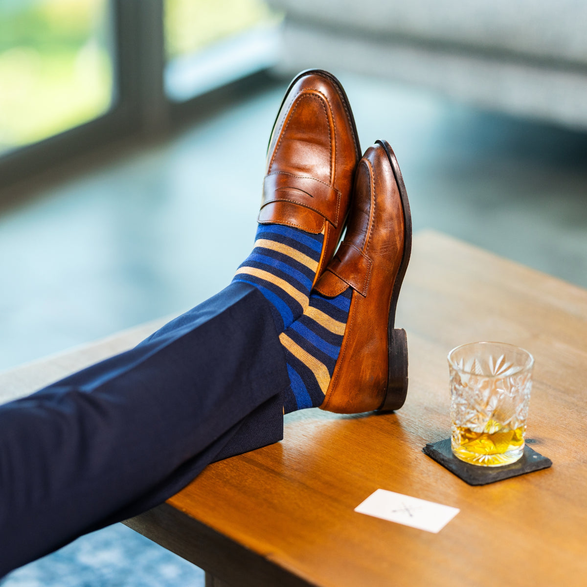 Navy, blue, and honey thick stripe men's dress socks