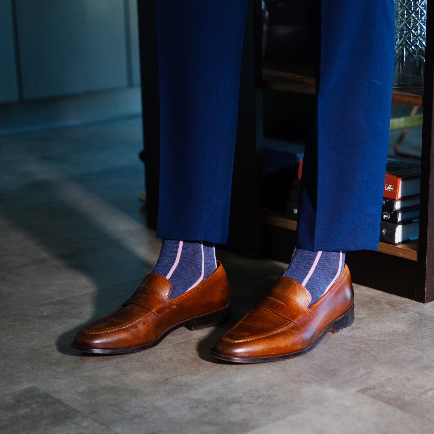 Prussian Blue men's dress socks with a pink vertical stripe pattern