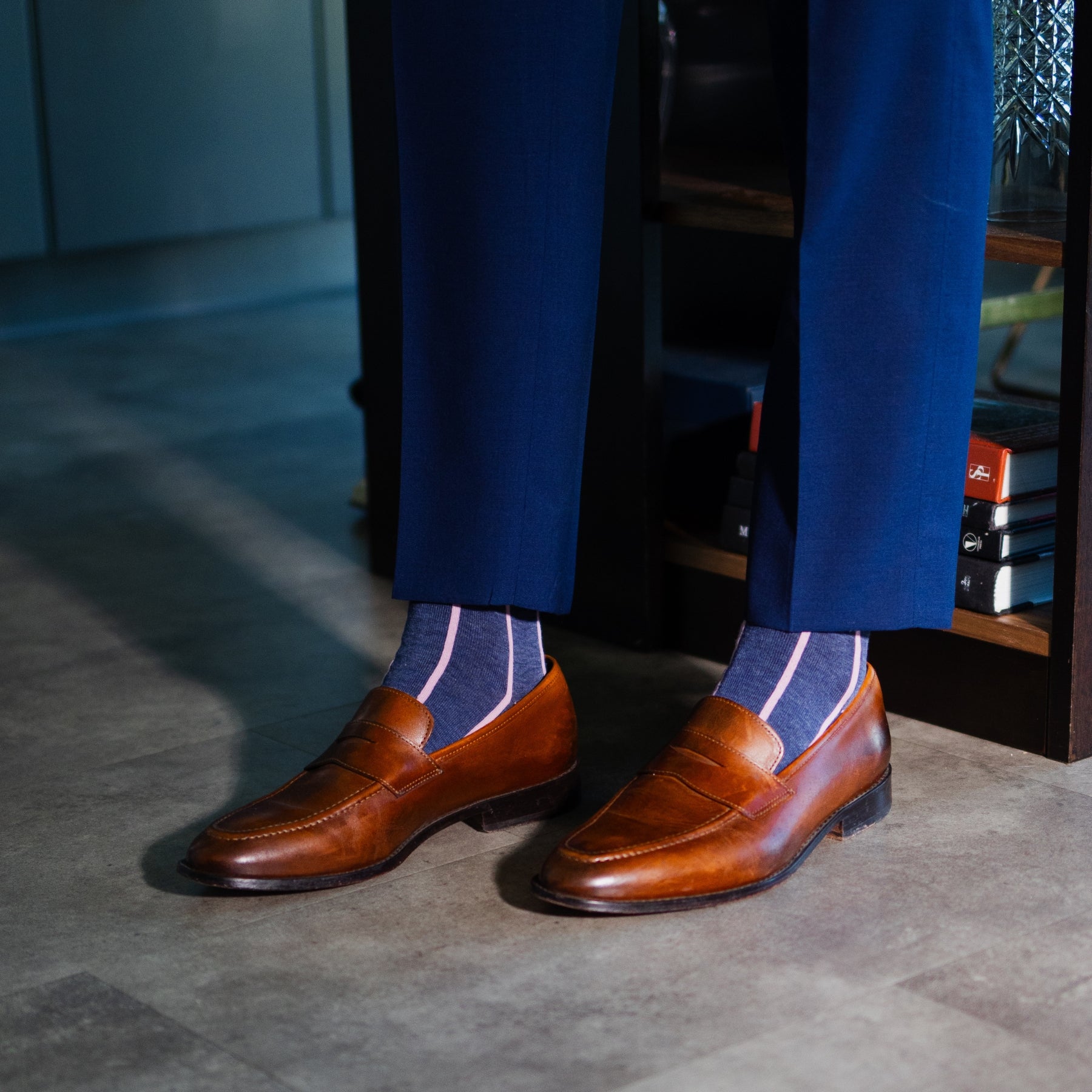 Prussian Blue men's dress socks with a pink vertical stripe pattern