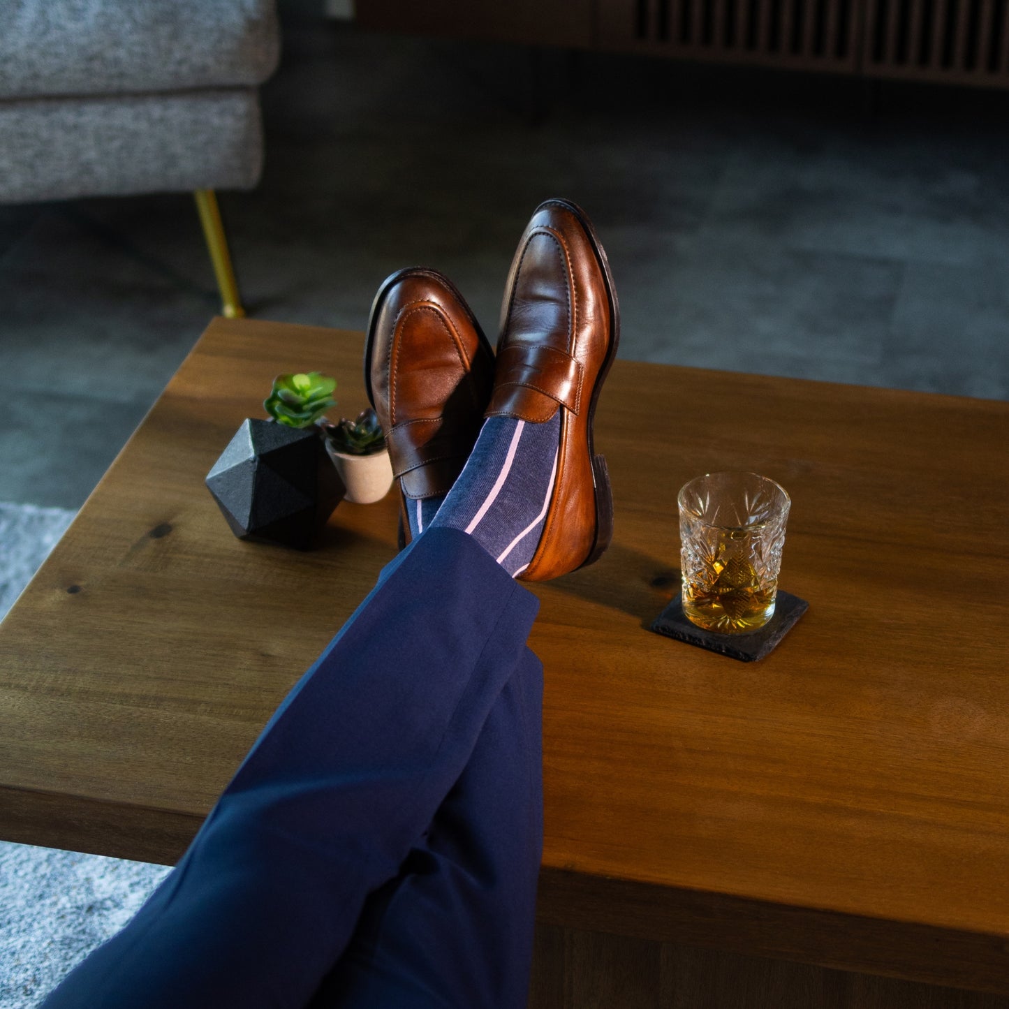 Prussian Blue men's dress socks with a pink vertical stripe pattern