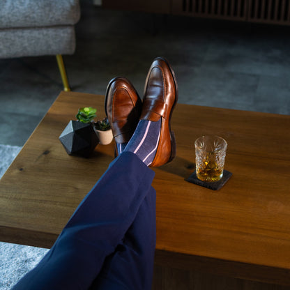 Prussian Blue men's dress socks with a pink vertical stripe pattern