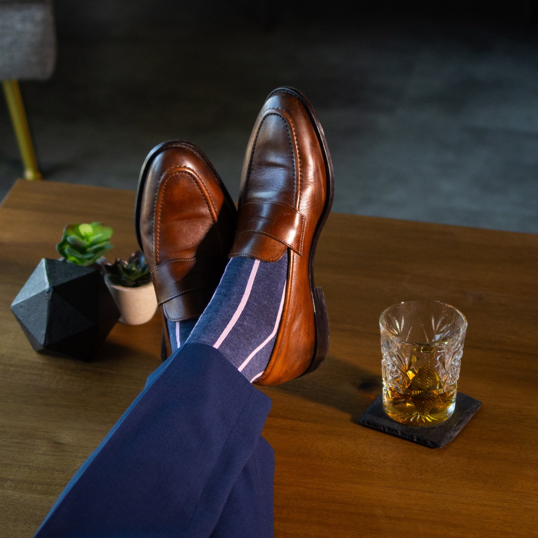 Prussian Blue men's dress socks with a pink vertical stripe pattern