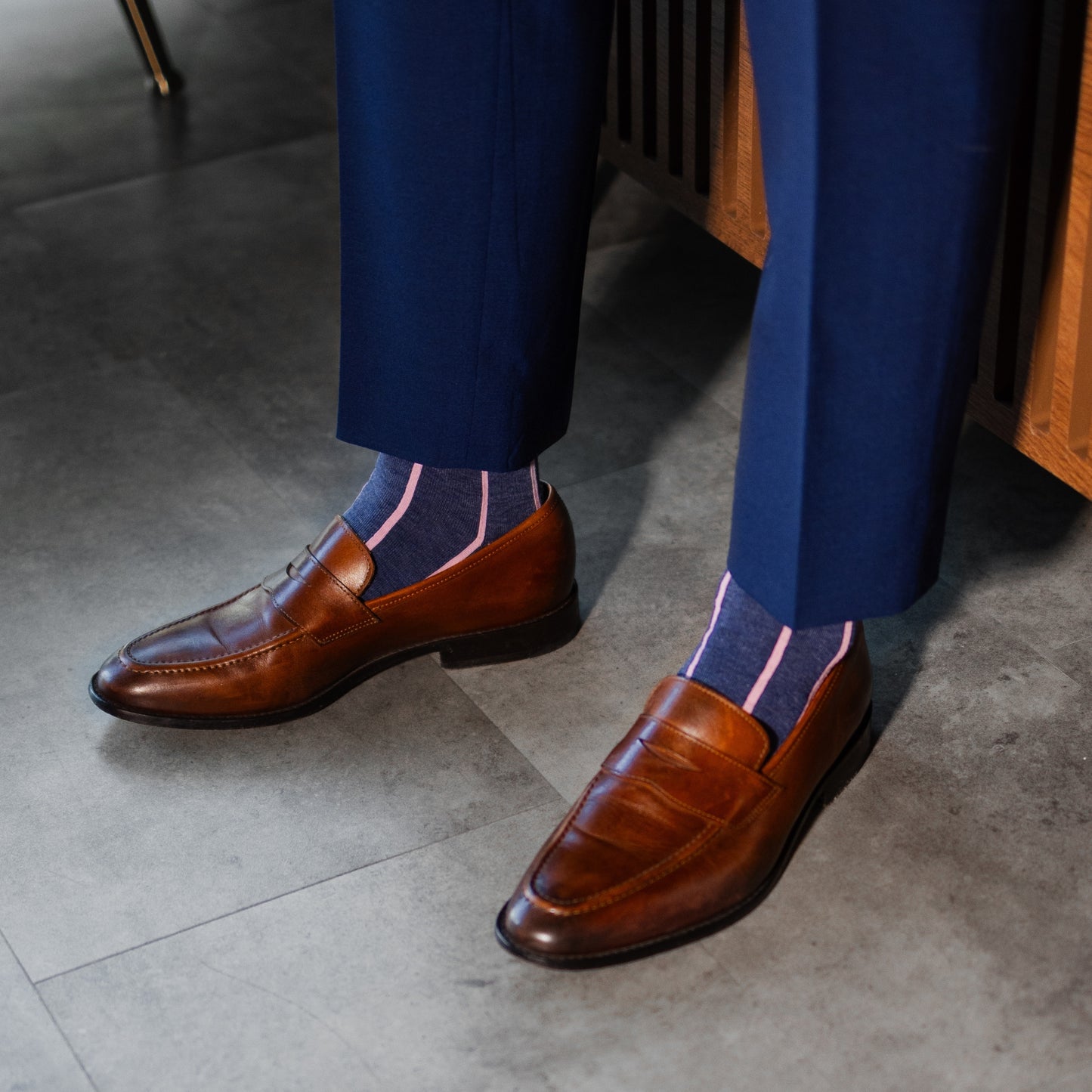 Prussian Blue men's dress socks with a pink vertical stripe pattern