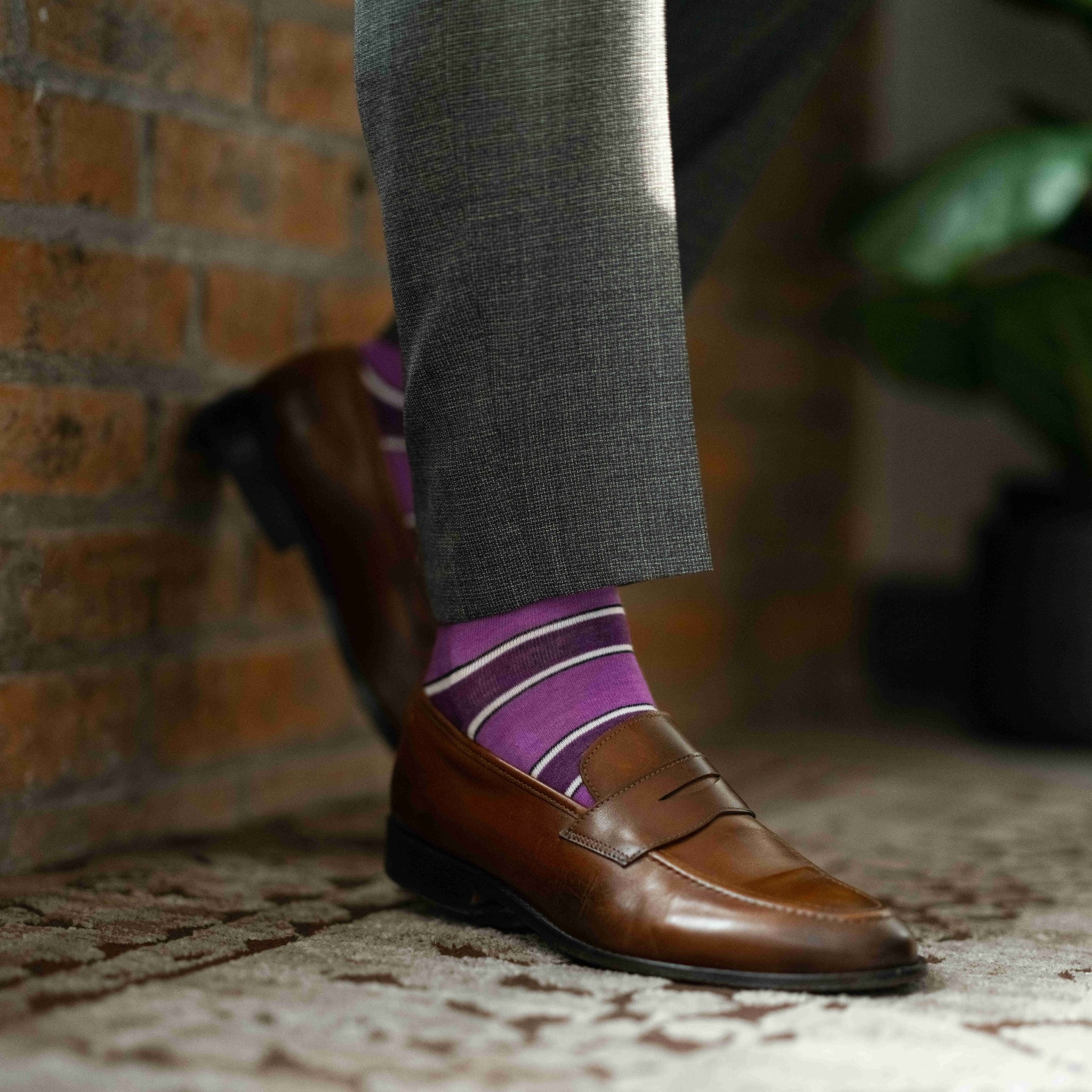 Purple, violet, and white striped men's dress socks