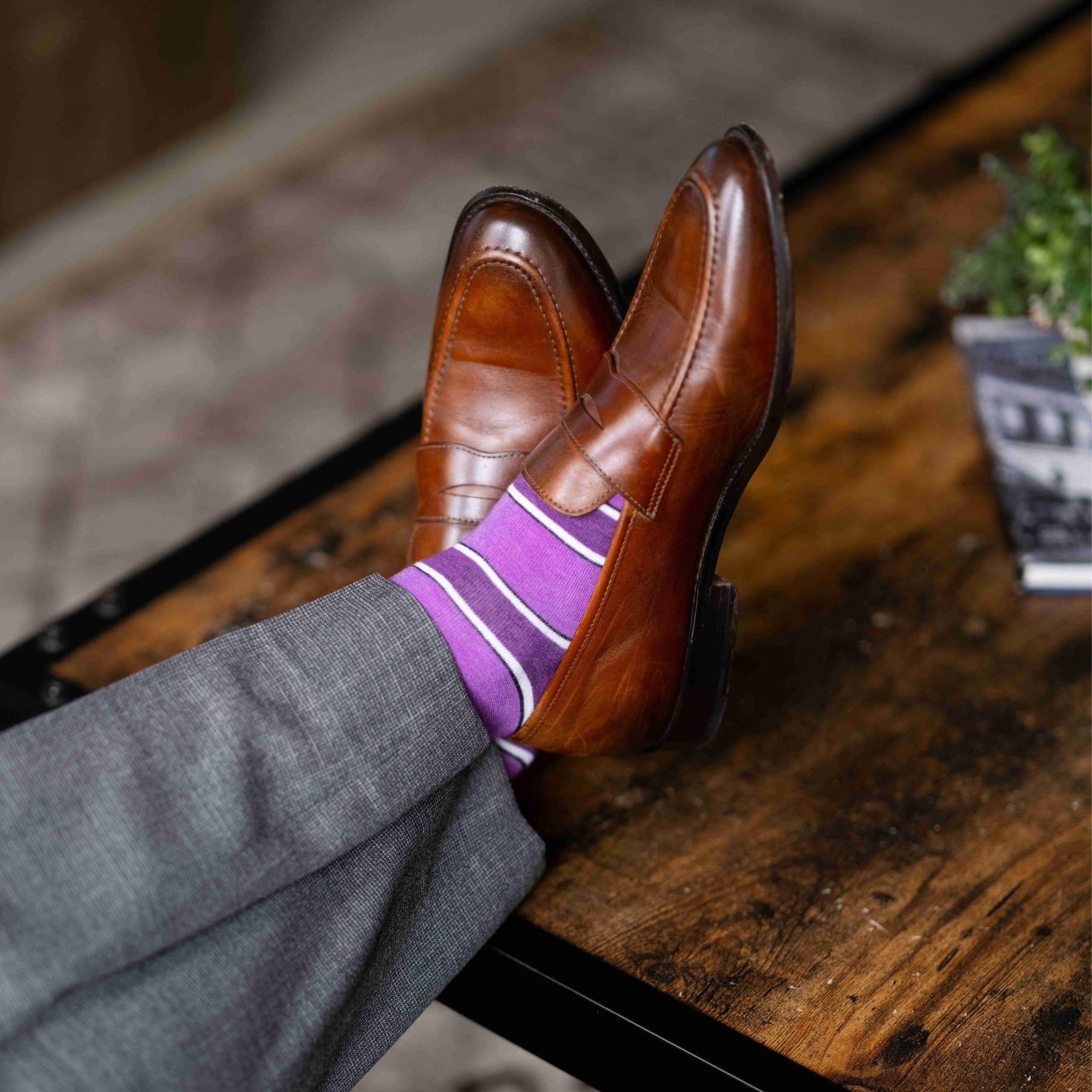 Purple, violet, and white striped men's dress socks