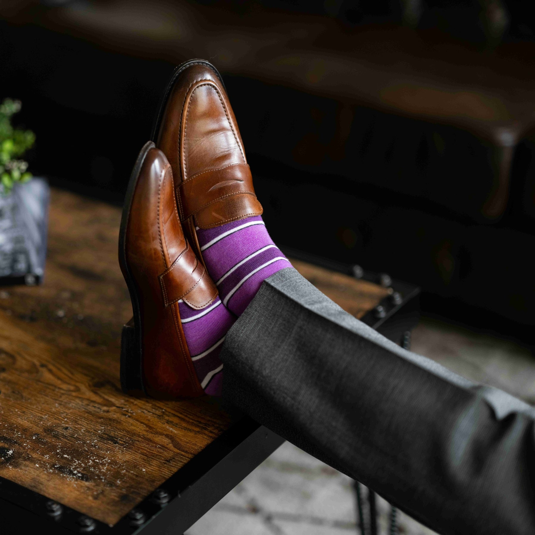 Purple, violet, and white striped men's dress socks