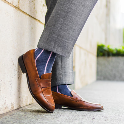 Prussian Blue men's dress socks with a pink vertical stripe pattern