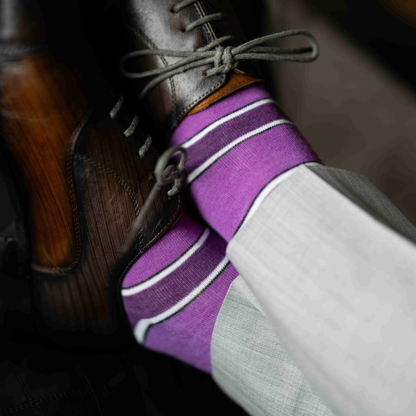 Purple, violet, and white striped men's dress socks