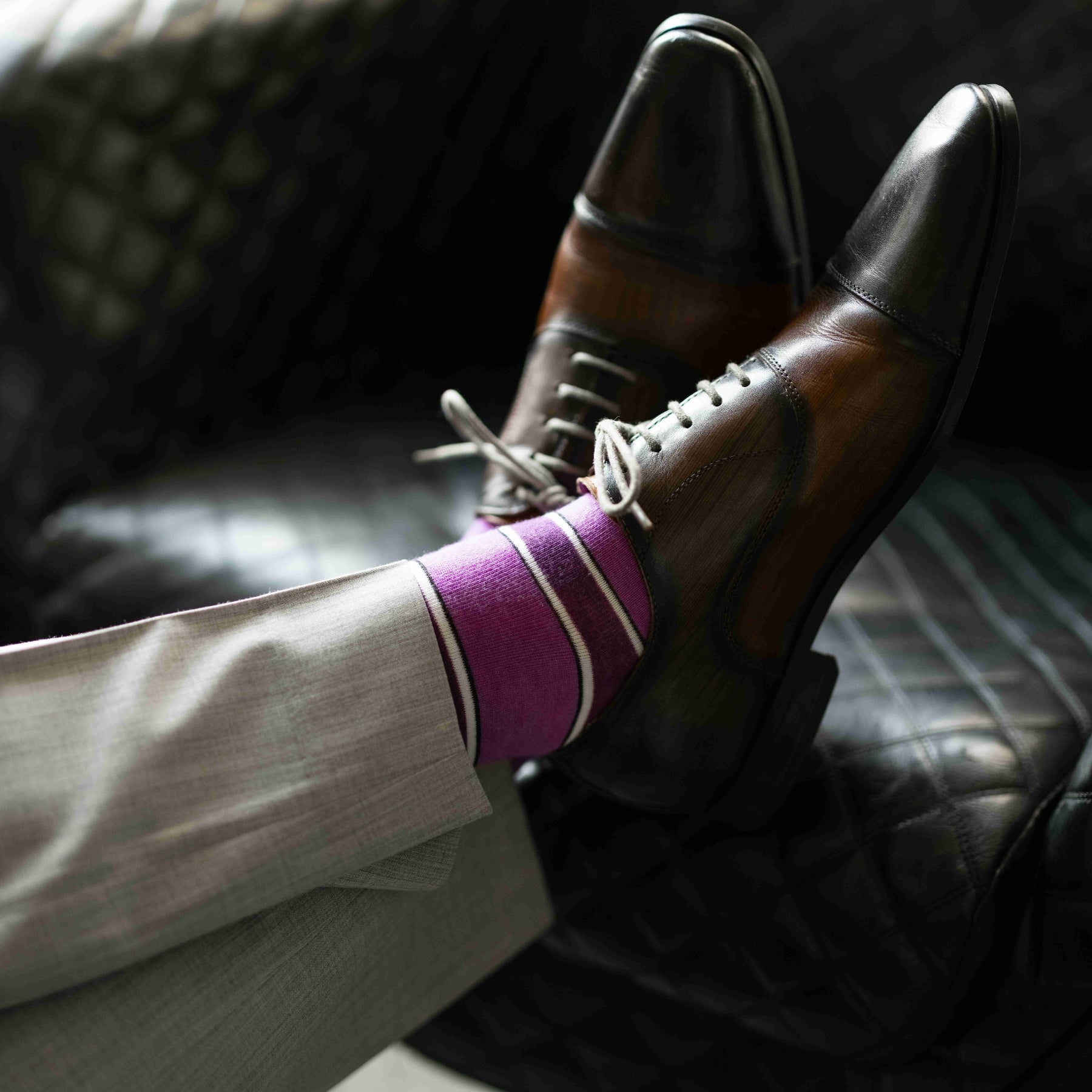 Purple, violet, and white striped men's dress socks