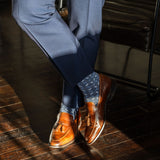 dark blue men's dress socks with light blue and white x pattern