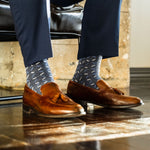 dark blue men's dress socks with light blue and white x pattern