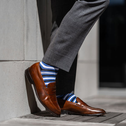 Blue, Black, and White Striped men's dress socks