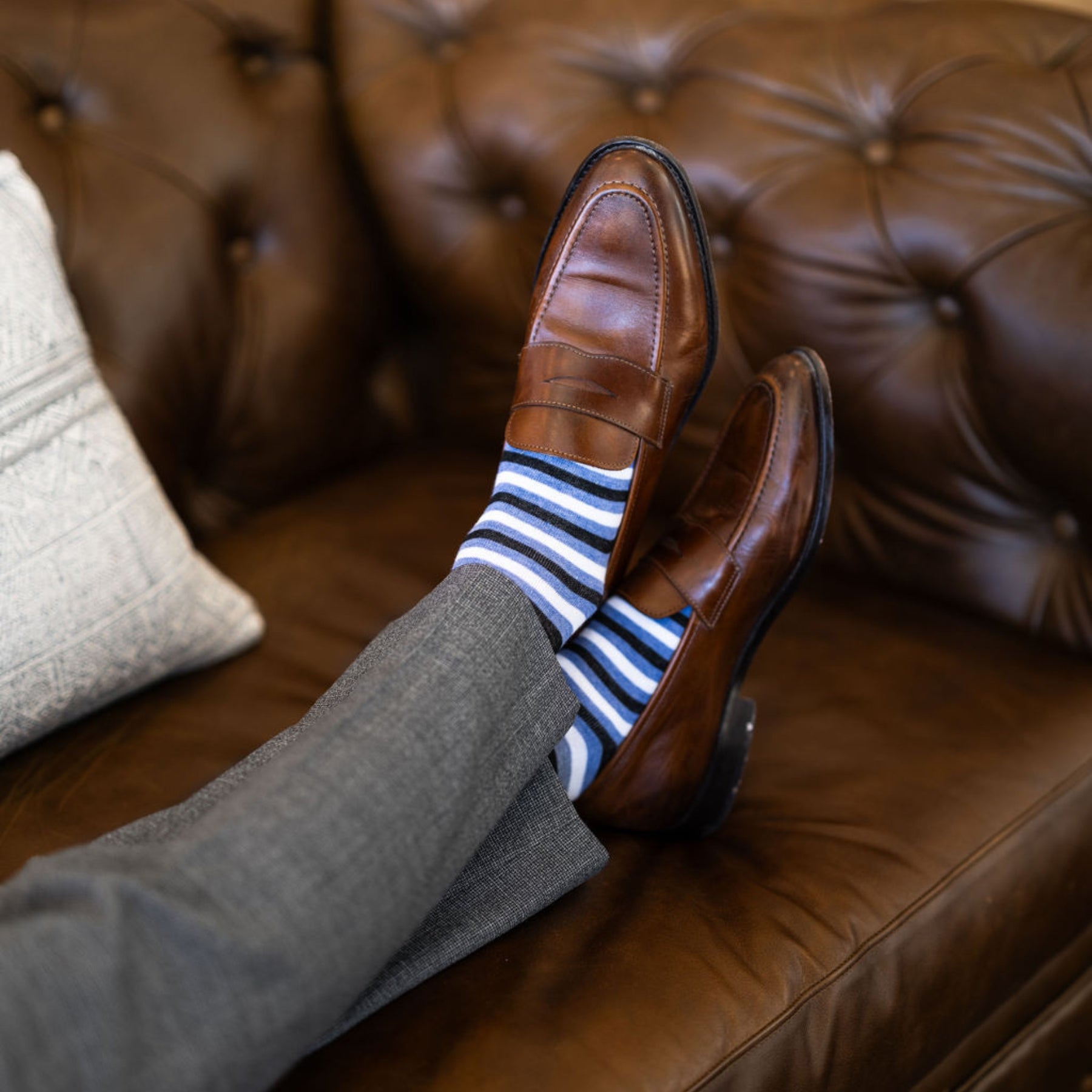 Blue, Black, and White Striped men's dress socks