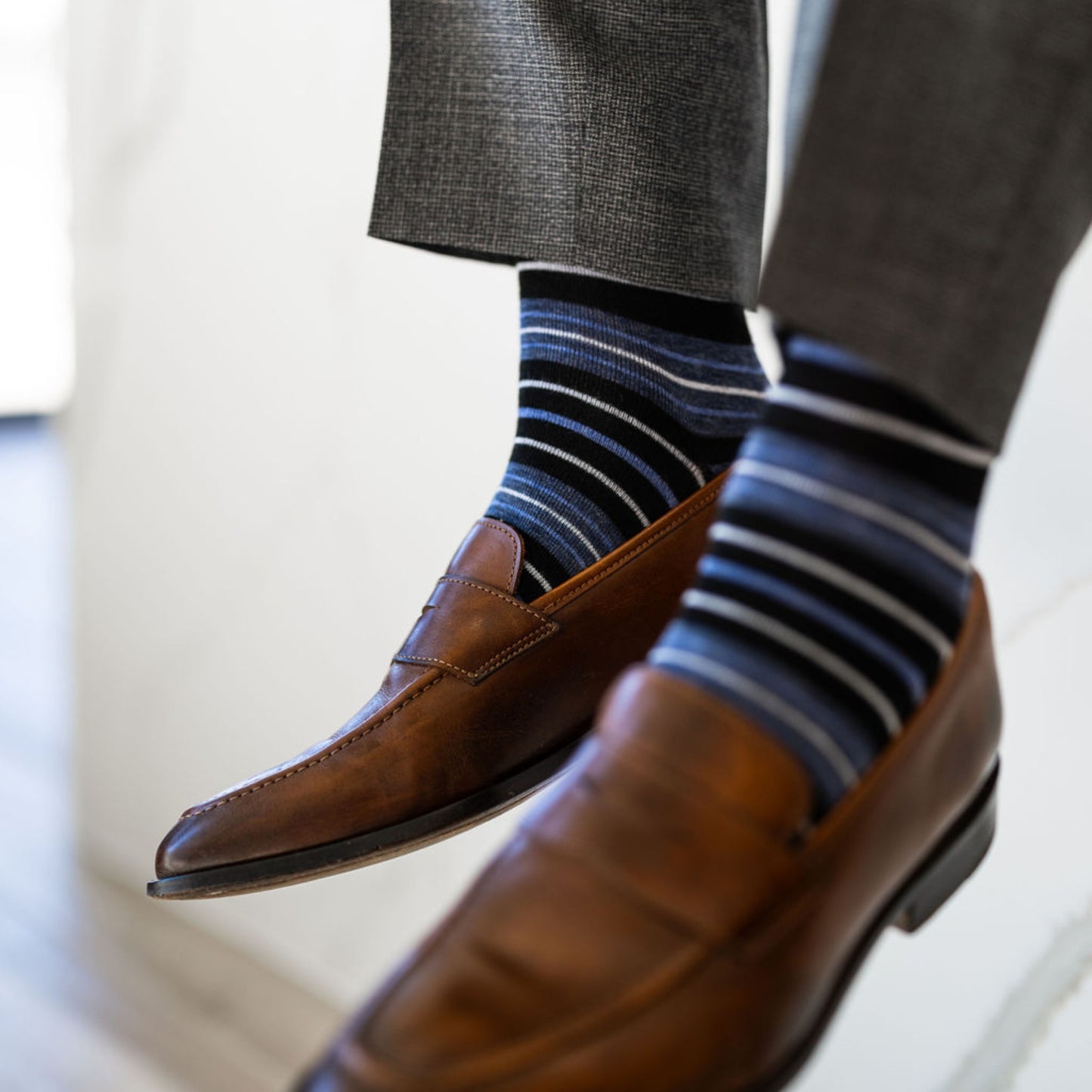 Blue, Black, and white striped men's dress socks