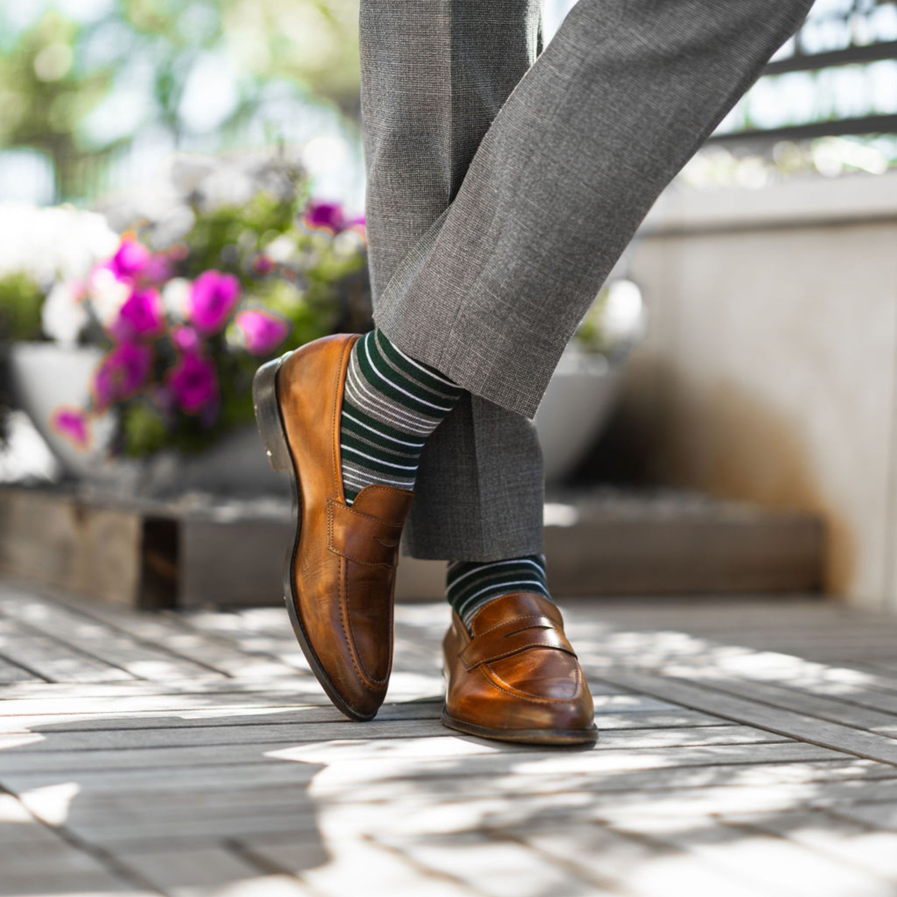green, grey, and white striped men's dress sock