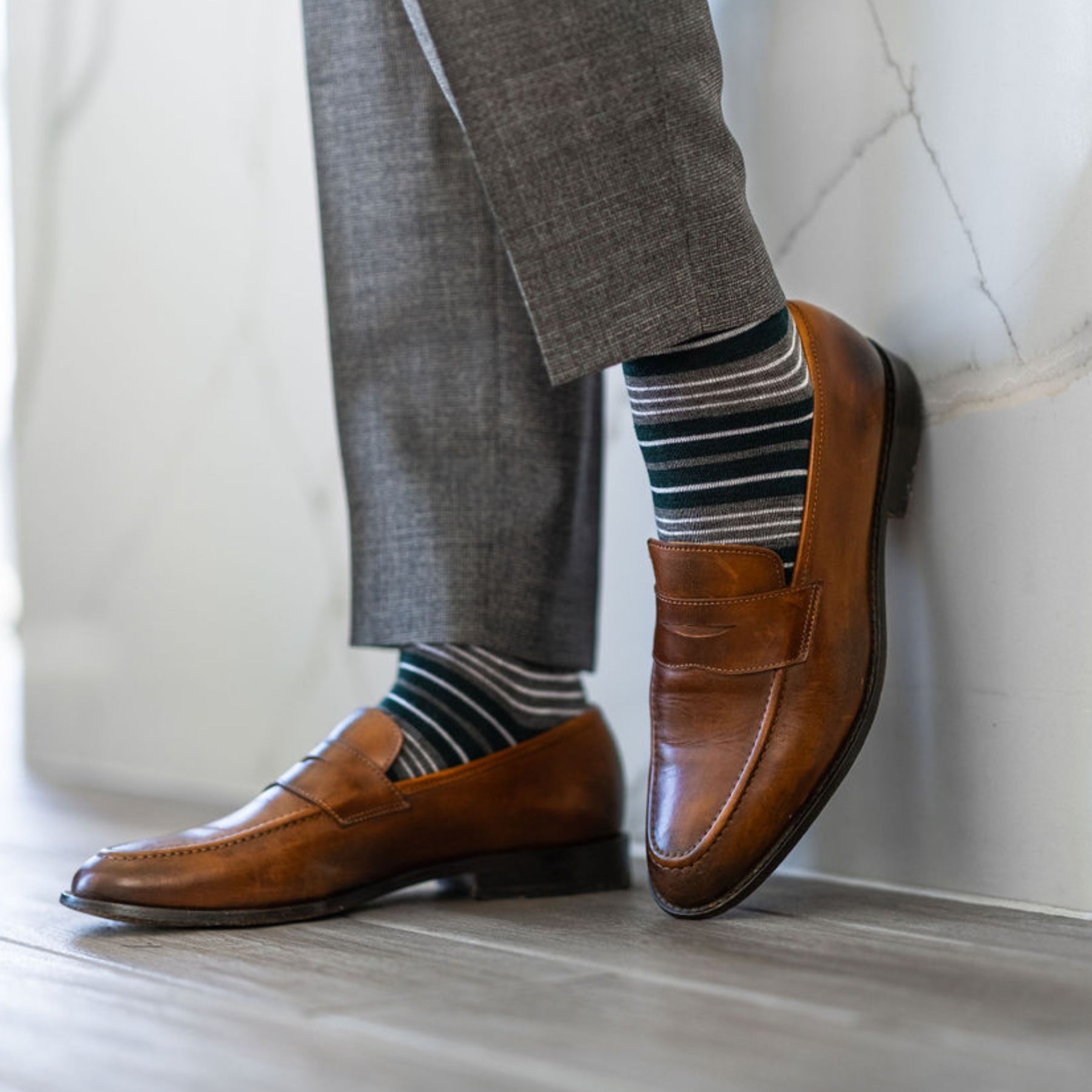 green, grey, and white striped men's dress sock