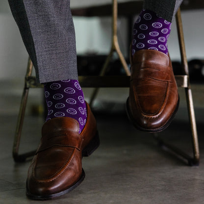 a deep purple men's dress sock with a white double dot pattern