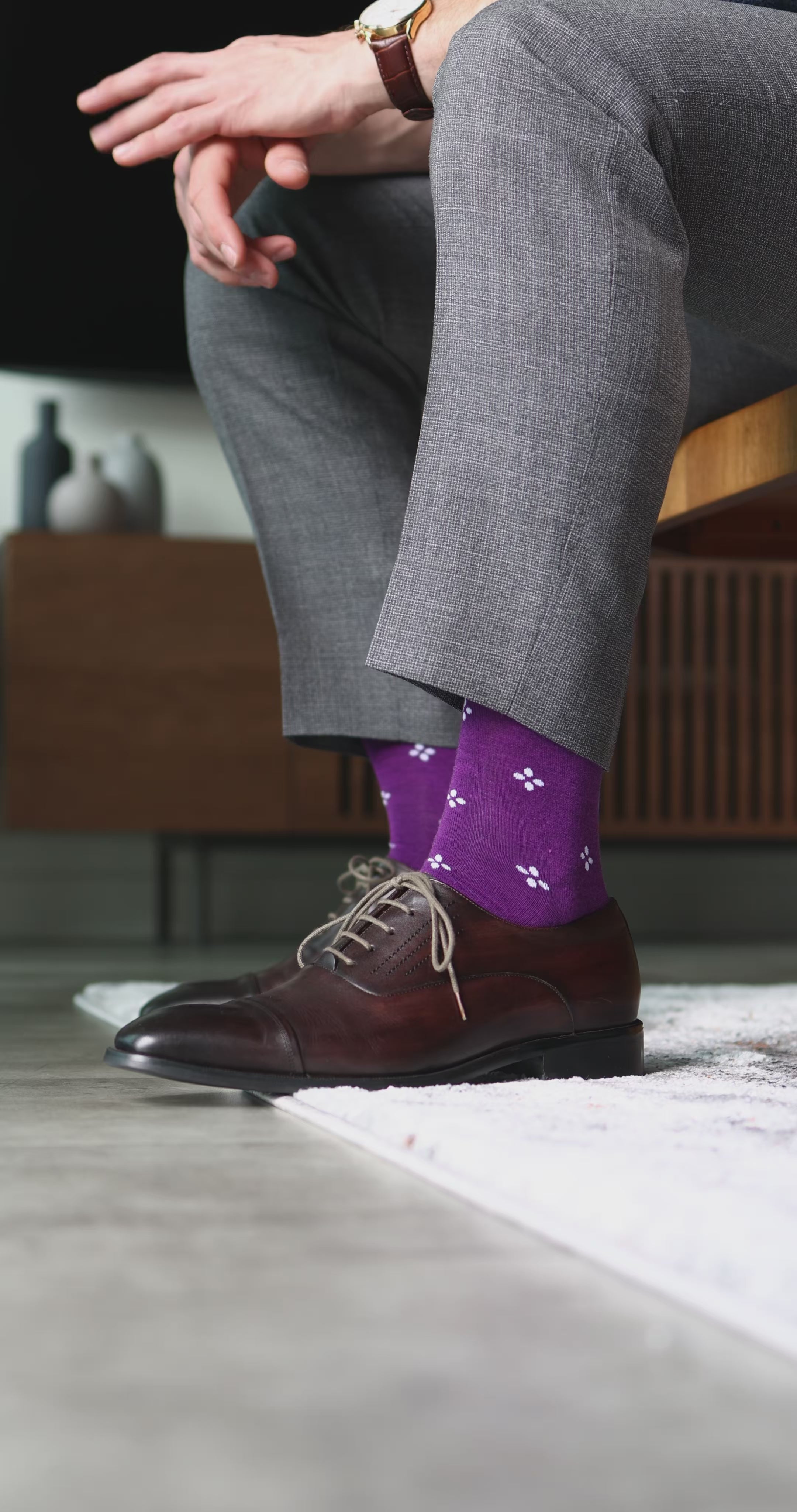 Purple men's dress sock with a white flower pattern