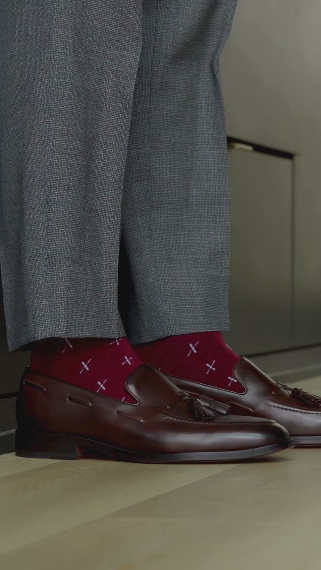 Merlot colored deep red socks with white t-sun pattern