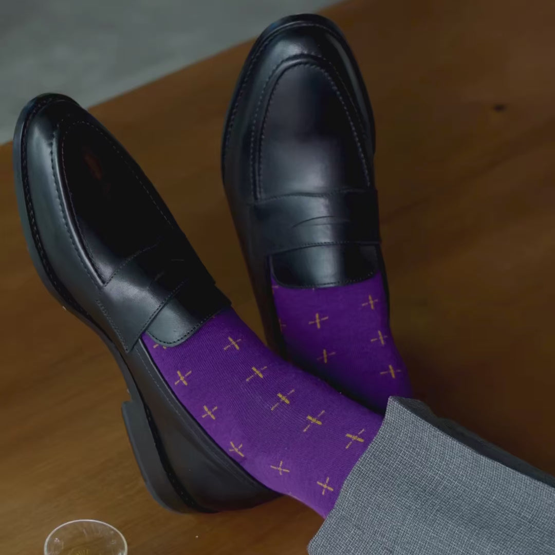 Purple men's dress socks with gold t-suns