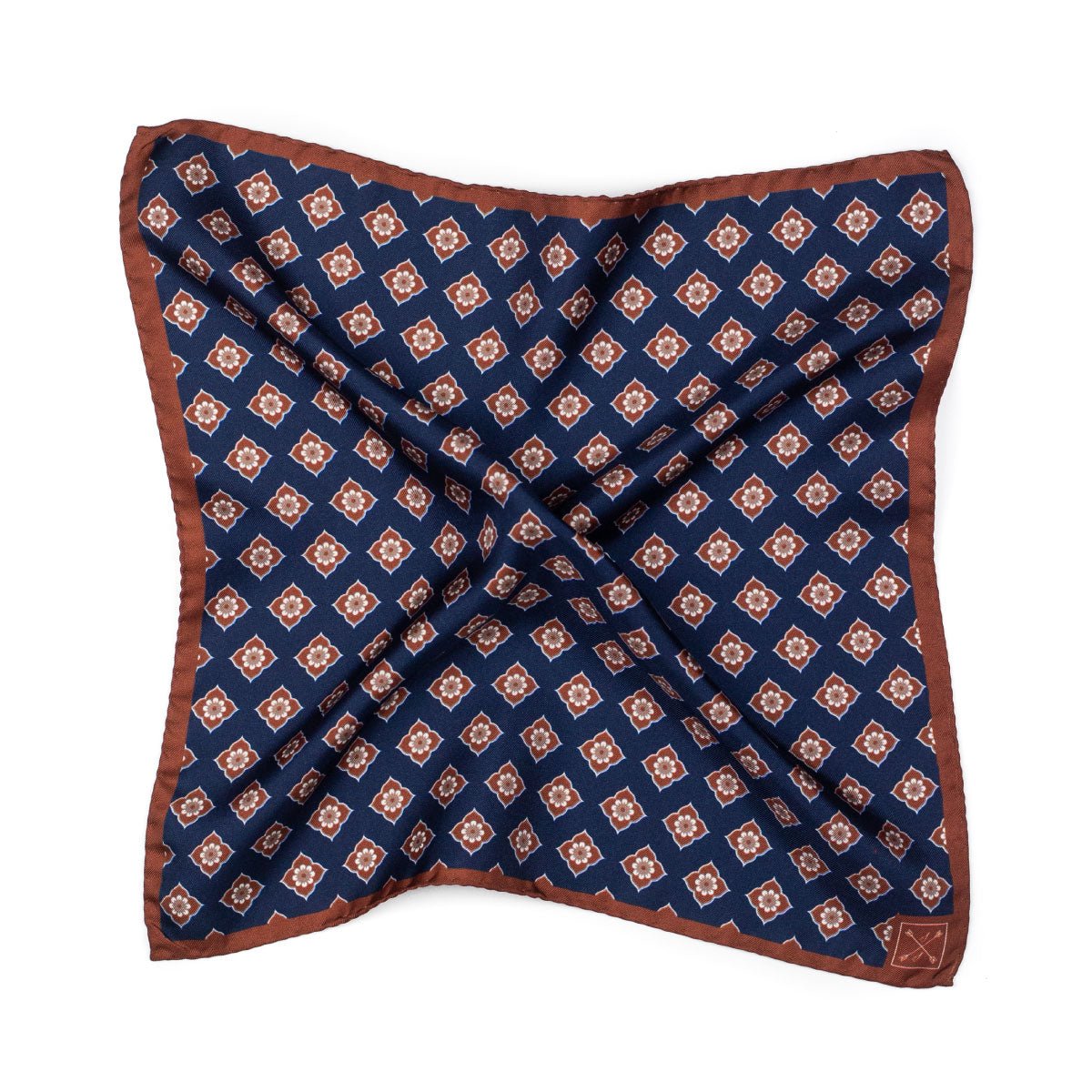 Navy Blue and Brown Floral Silk Pocket Square