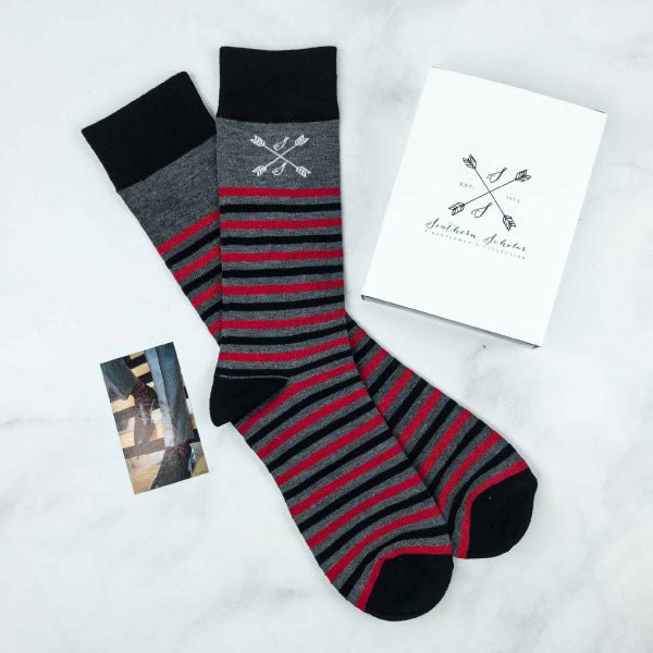 Charcoal grey, red, and black striped sock