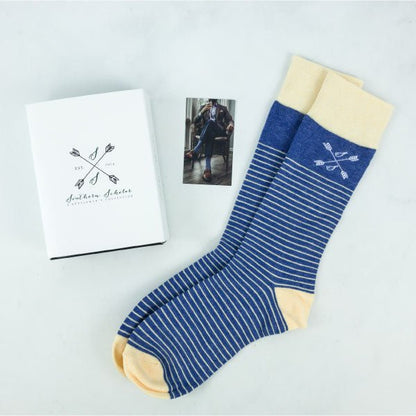 A pair of yellow and blue striped socks