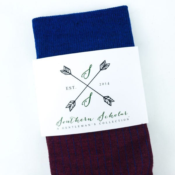 maroon and blue pinstripe sock