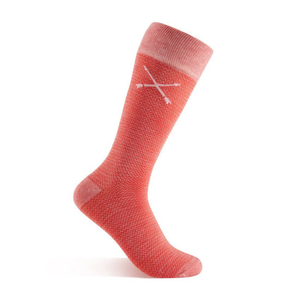 A coral and salmon men's dress sock with a micro-chevron pattern