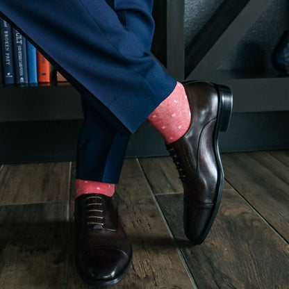 guy wearing A Heathered Coral, Ruby, and Pink Micro-Square Men's Dress Sock