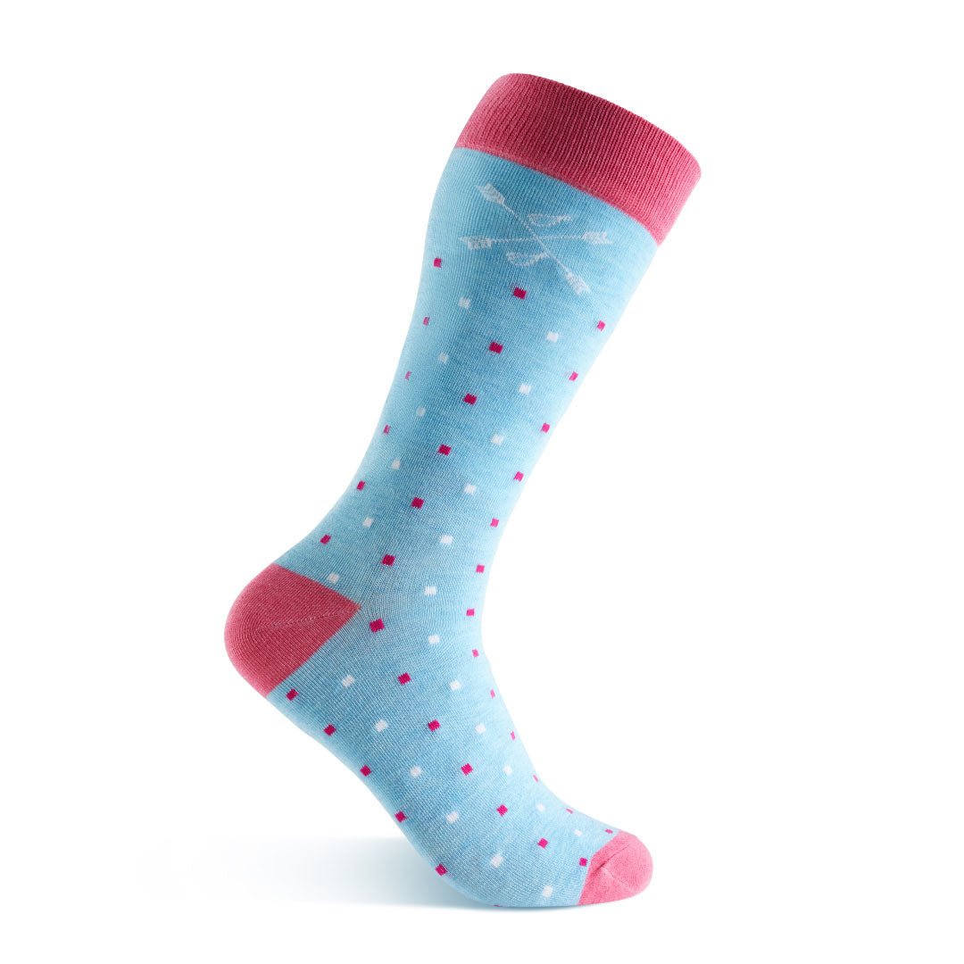 sky blue men's dress sock with magenta and white micro-squares