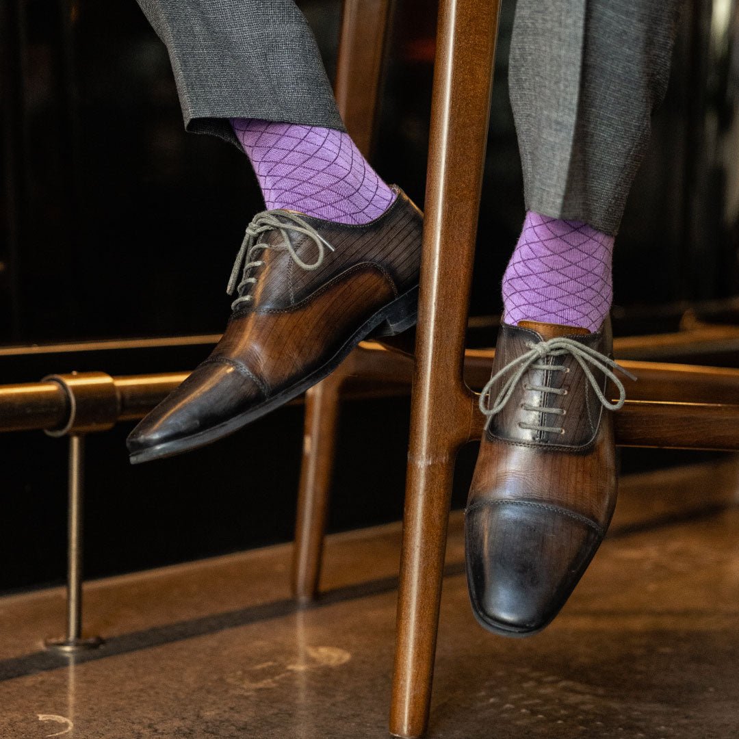 purple men's dress socks with diamond pattern