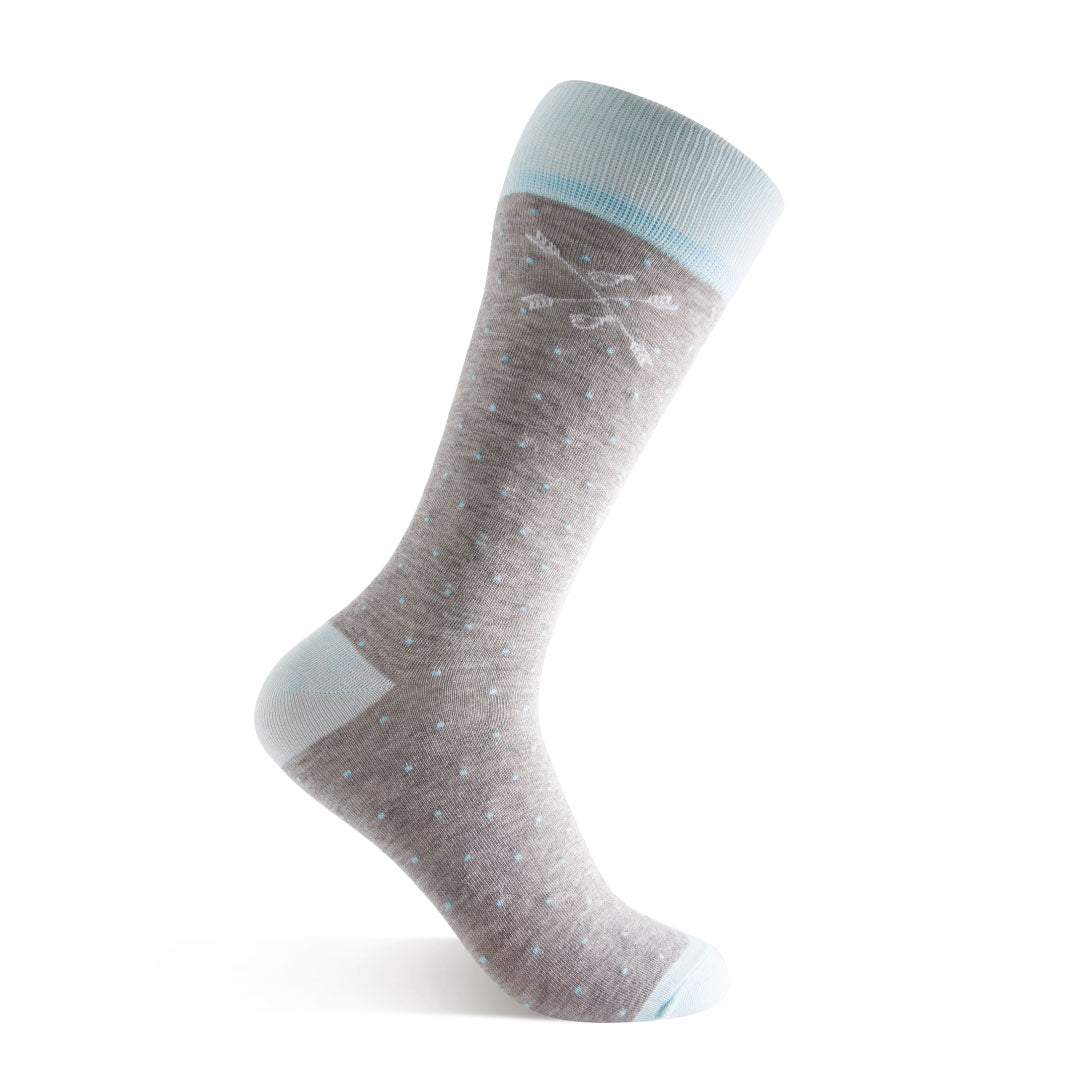 Light grey men's dress socks with baby blue pin dot pattern
