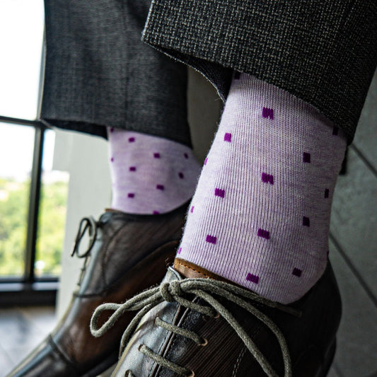 Light purple men's dress sock with dark purple micro-squares