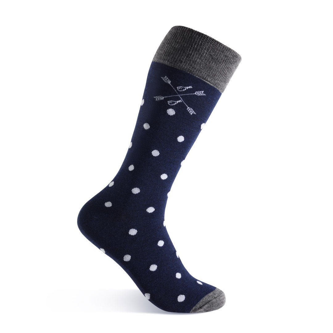 Navy men's dress socks with white polka dots