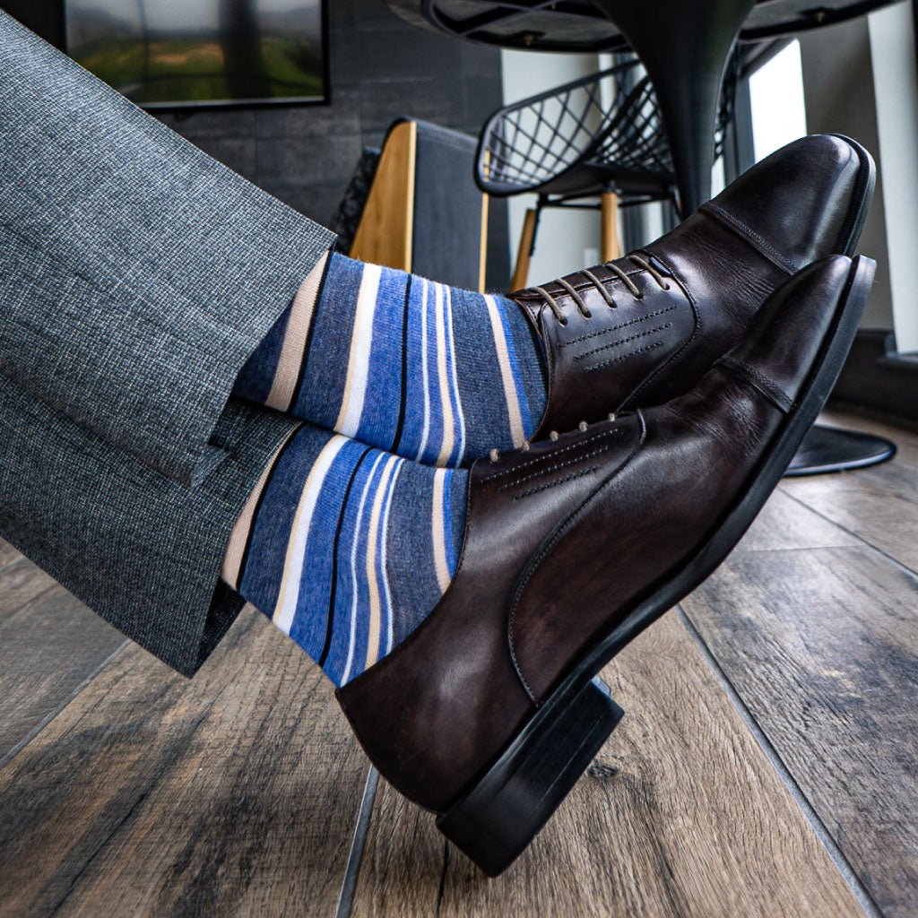Blue, cream, tan, and white striped men's dress sock