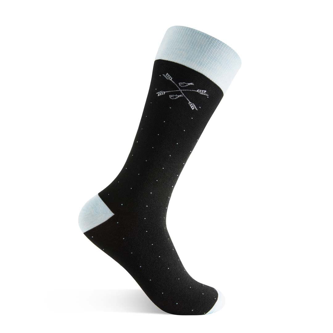 black men's dress sock with light blue pin dots